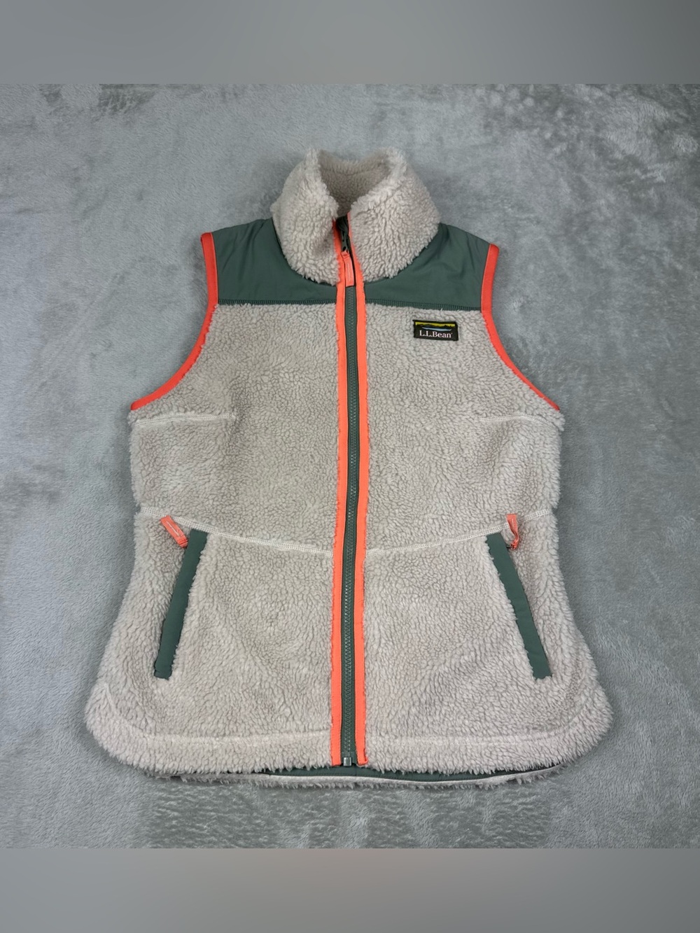 L.L.Bean Sz XS Fleece Vest Women Bean's Sherpa Zip Up Green Coral Trim Pockets - Picture 8 of 9